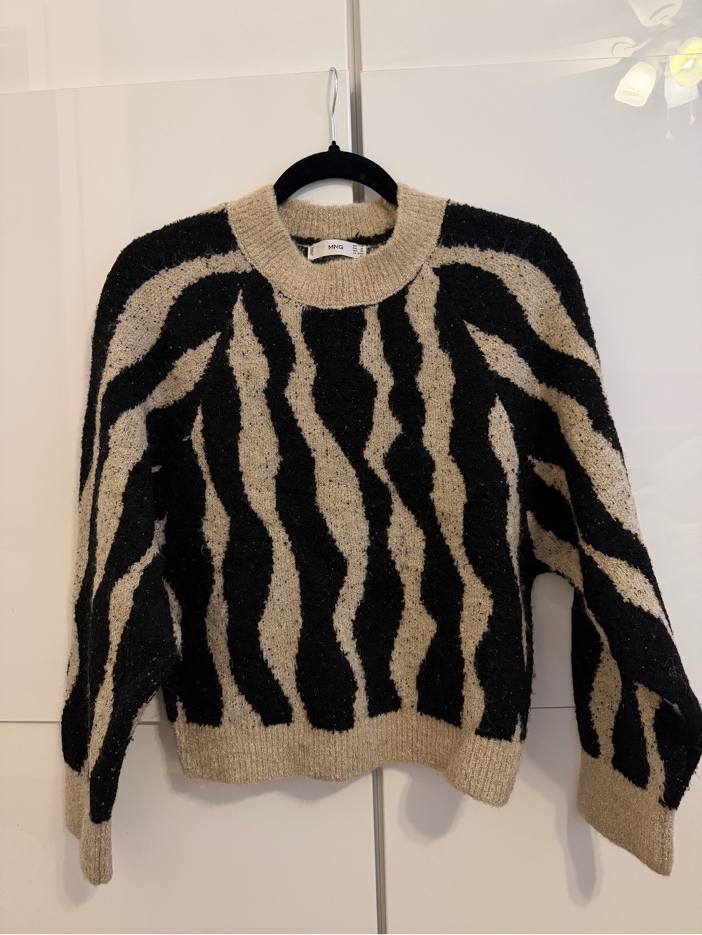 Mango Black and Beige Zebra-Print Crewneck Sweater